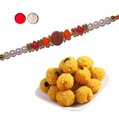 "Rudraksha Rakhi - FR-8530 A- code 140 (Single Rakhi),500gms of Laddu - Click here to View more details about this Product